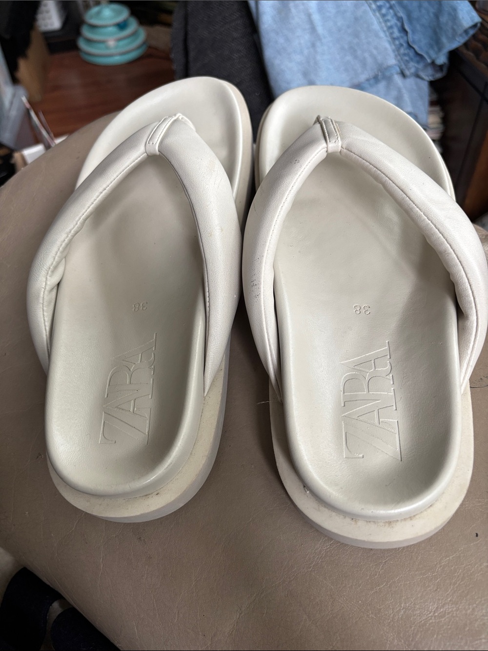 Zara Cream Platform Thong Sandals Size 38 Eu.  Excellent Condition - Picture 3 of 5
